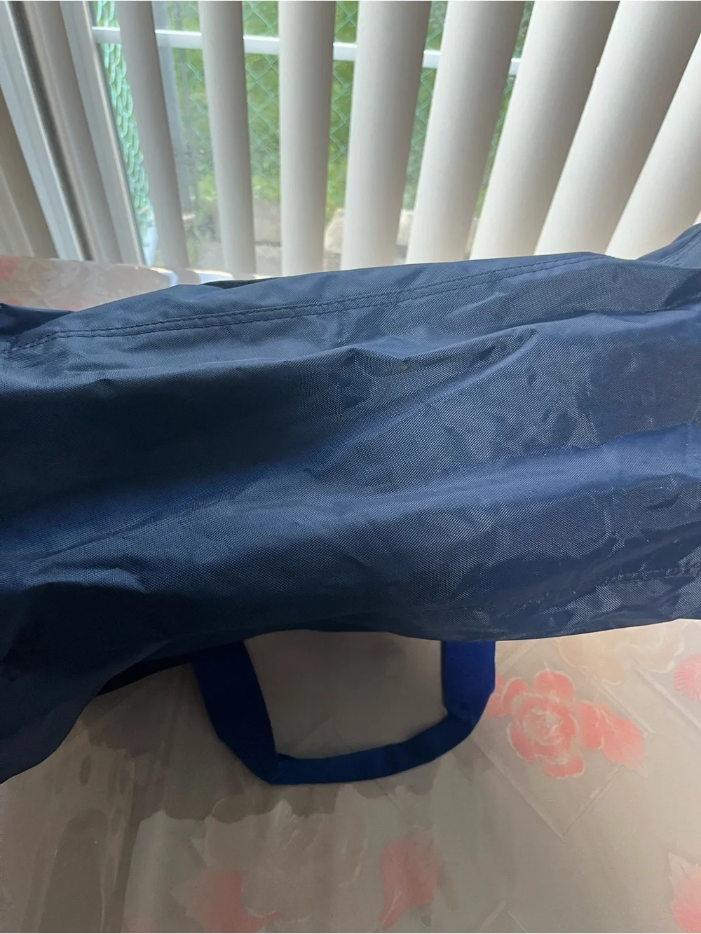 Men's Navy Blue Duffel Bag with White Trim and Dual Carry Handles